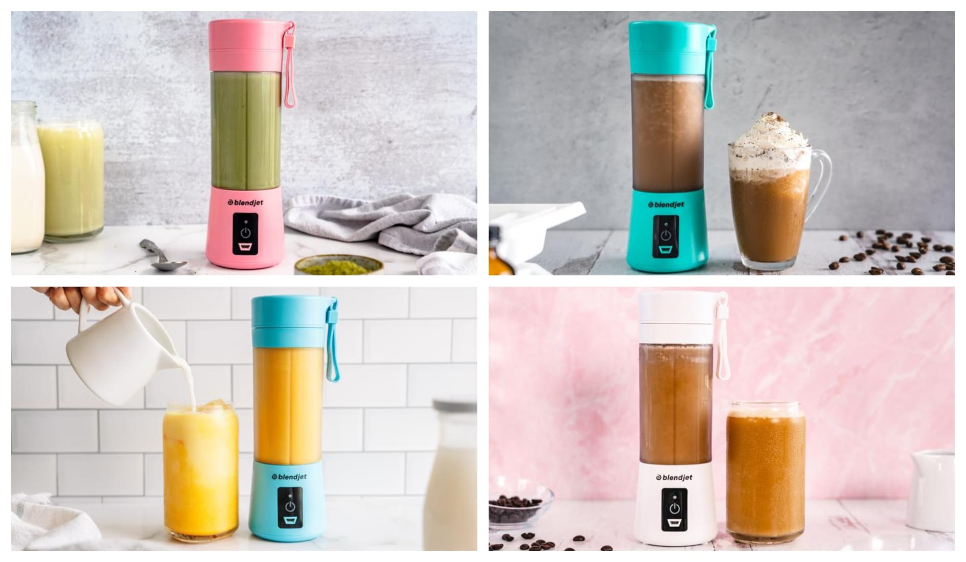 Four Frozen coffee drinks in four BlendJet Portable Blenders